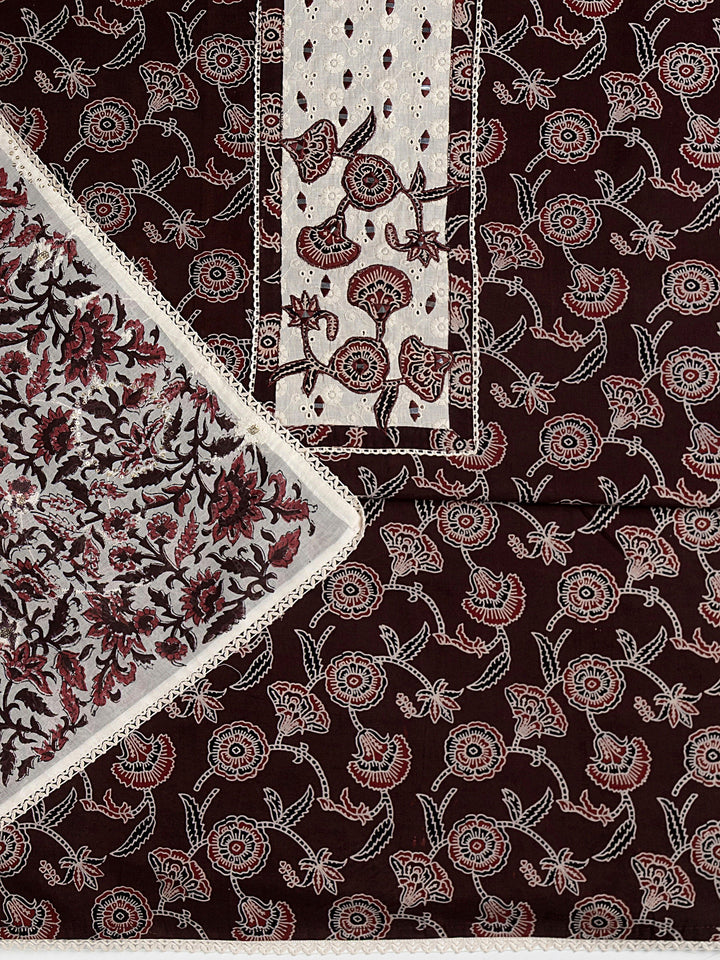 Burgundy Floral Printed Cotton Dress Material With Dupatta
