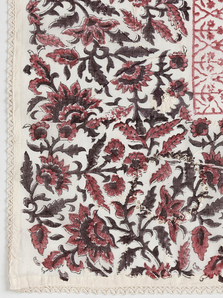 Burgundy Floral Printed Cotton Dress Material With Dupatta