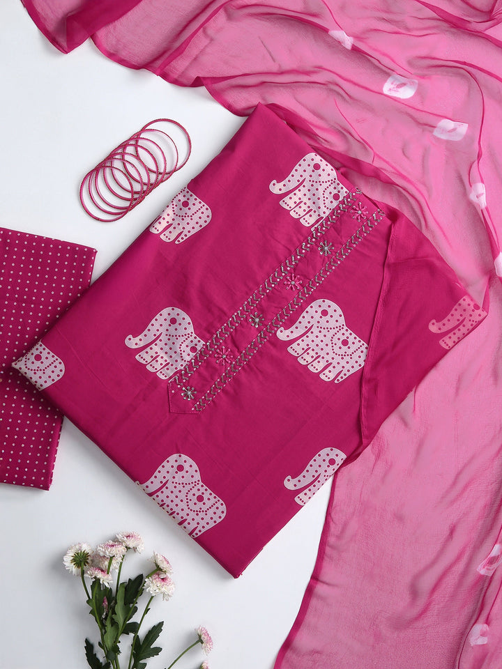 Pink Animal Printed Dress Material With Dupatta