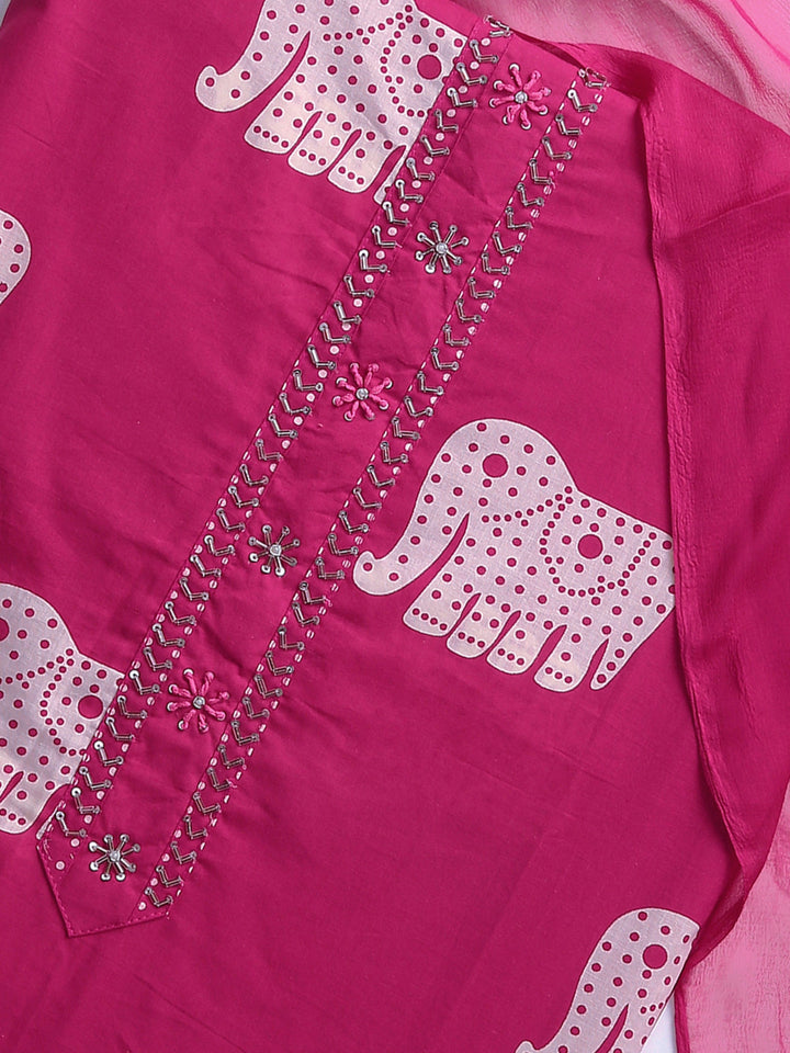 Pink Animal Printed Dress Material With Dupatta