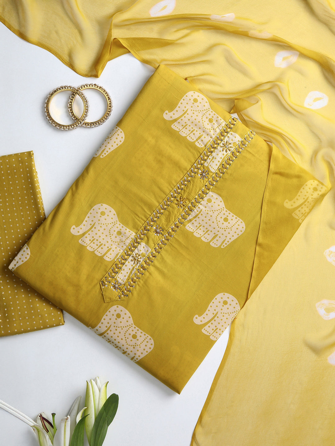 Yellow Animal Printed Dress Material With Dupatta