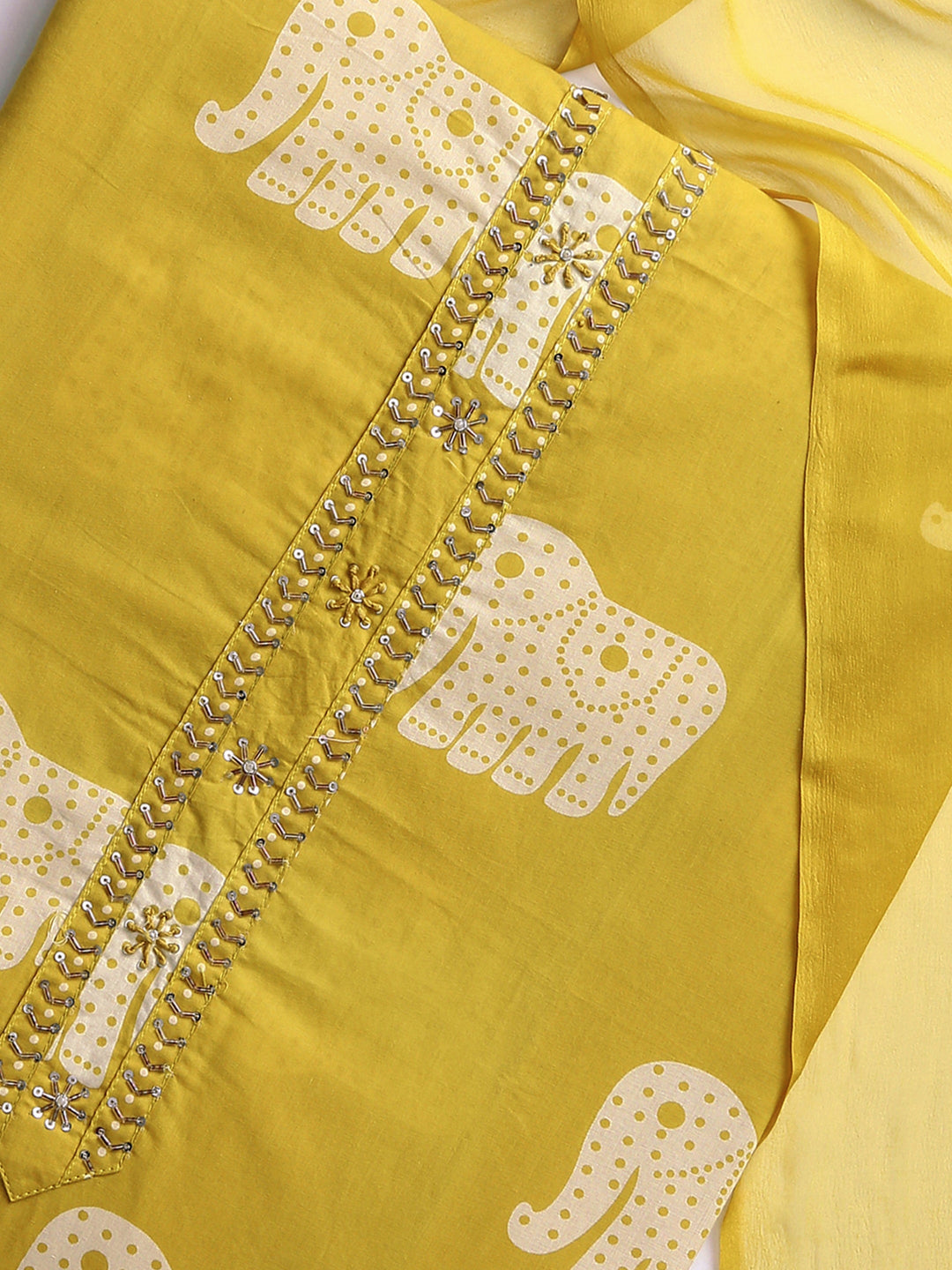 Yellow Animal Printed Dress Material With Dupatta