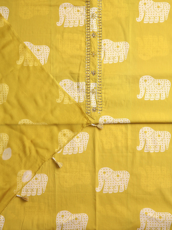 Yellow Animal Printed Dress Material With Dupatta