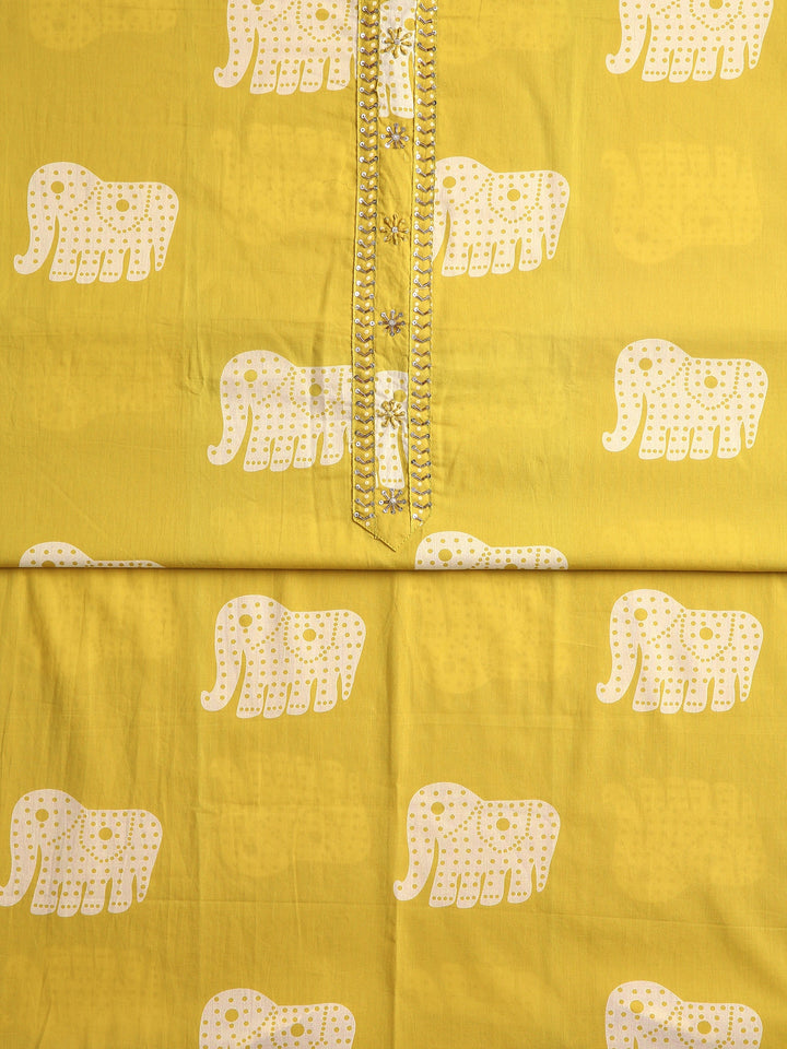 Yellow Animal Printed Dress Material With Dupatta