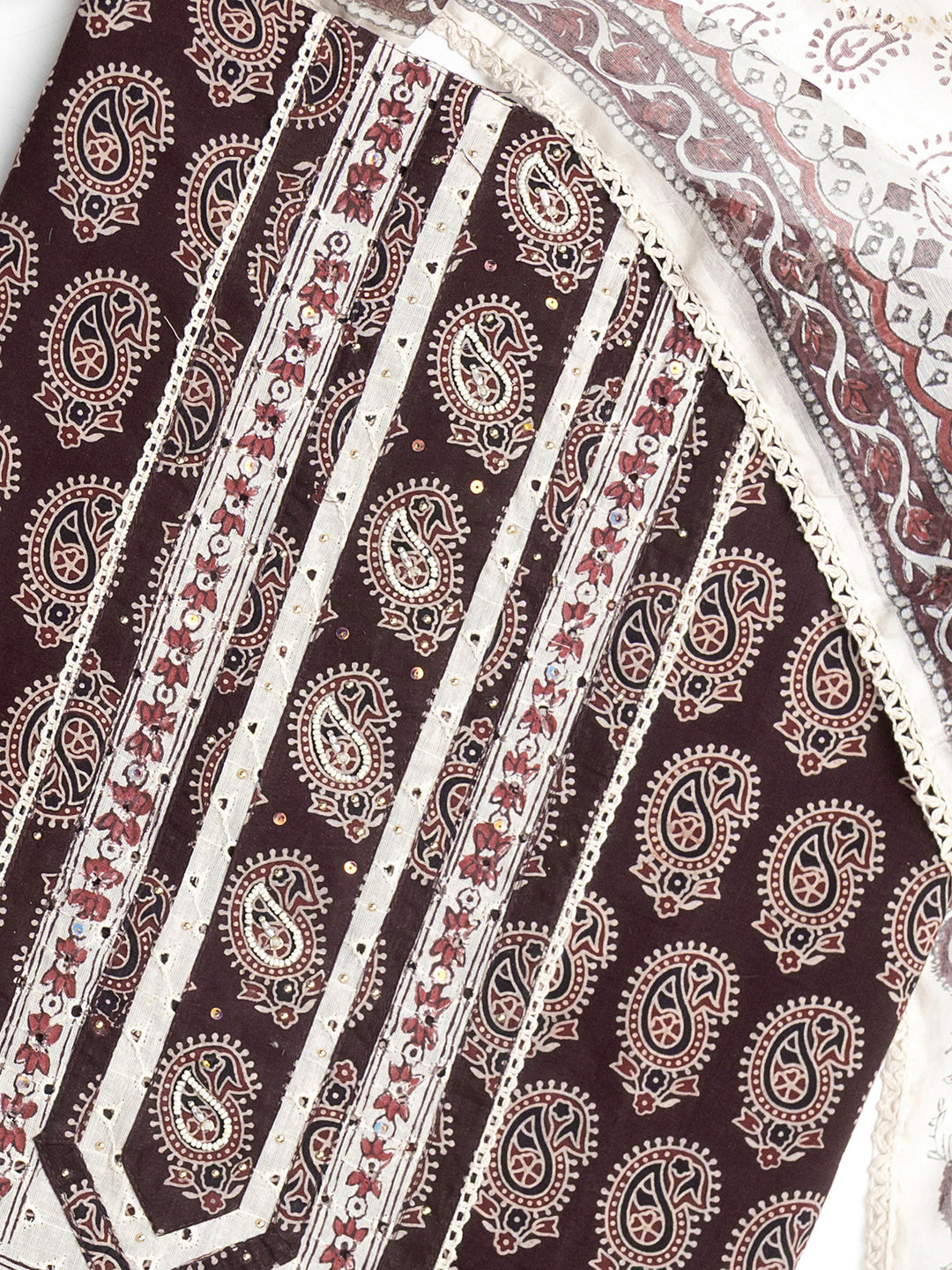 Burgundy Paisley Printed Cotton Dress Material With Dupatta