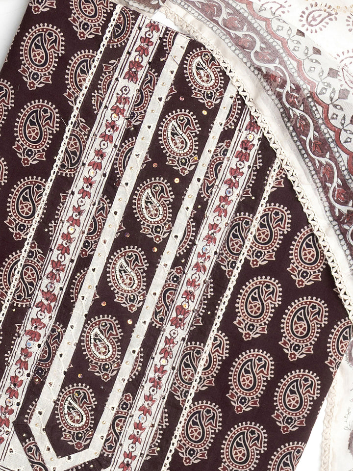 Burgundy Paisley Printed Cotton Dress Material With Dupatta