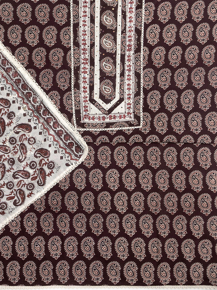 Burgundy Paisley Printed Cotton Dress Material With Dupatta