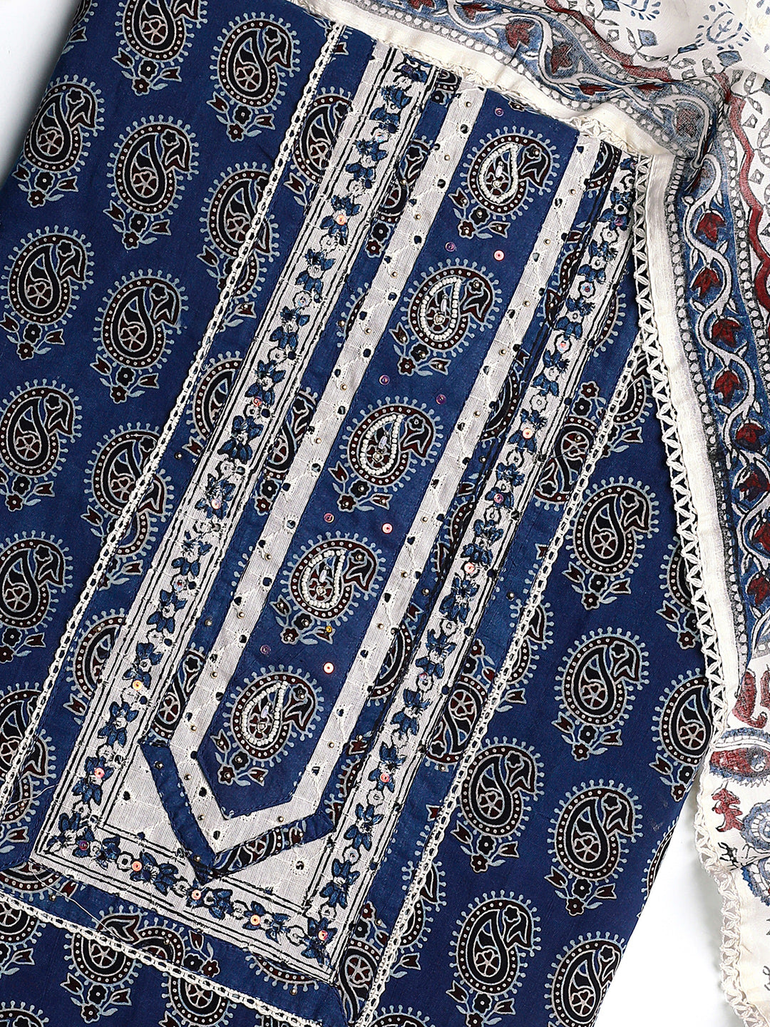 Blue Paisley Printed Cotton Dress Material With Dupatta
