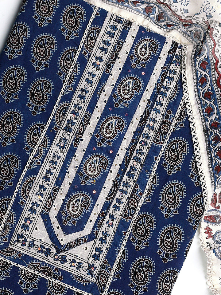 Blue Paisley Printed Cotton Dress Material With Dupatta