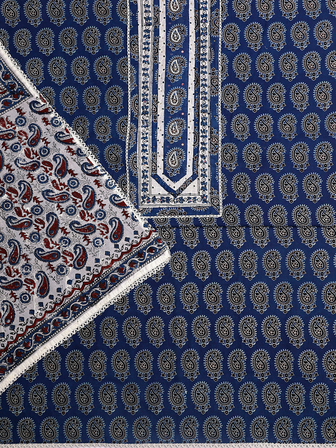 Blue Paisley Printed Cotton Dress Material With Dupatta