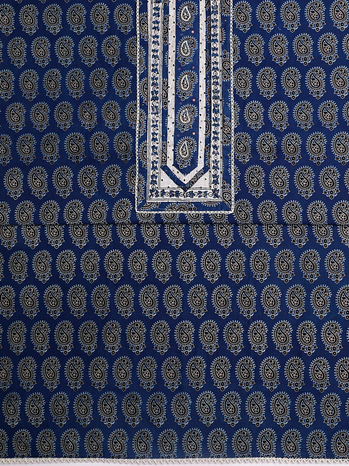 Blue Paisley Printed Cotton Dress Material With Dupatta