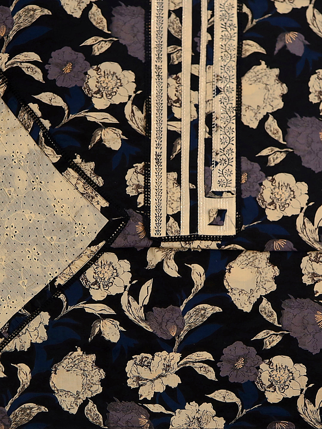Black Floral Printed Cotton Dress Material With Dupatta