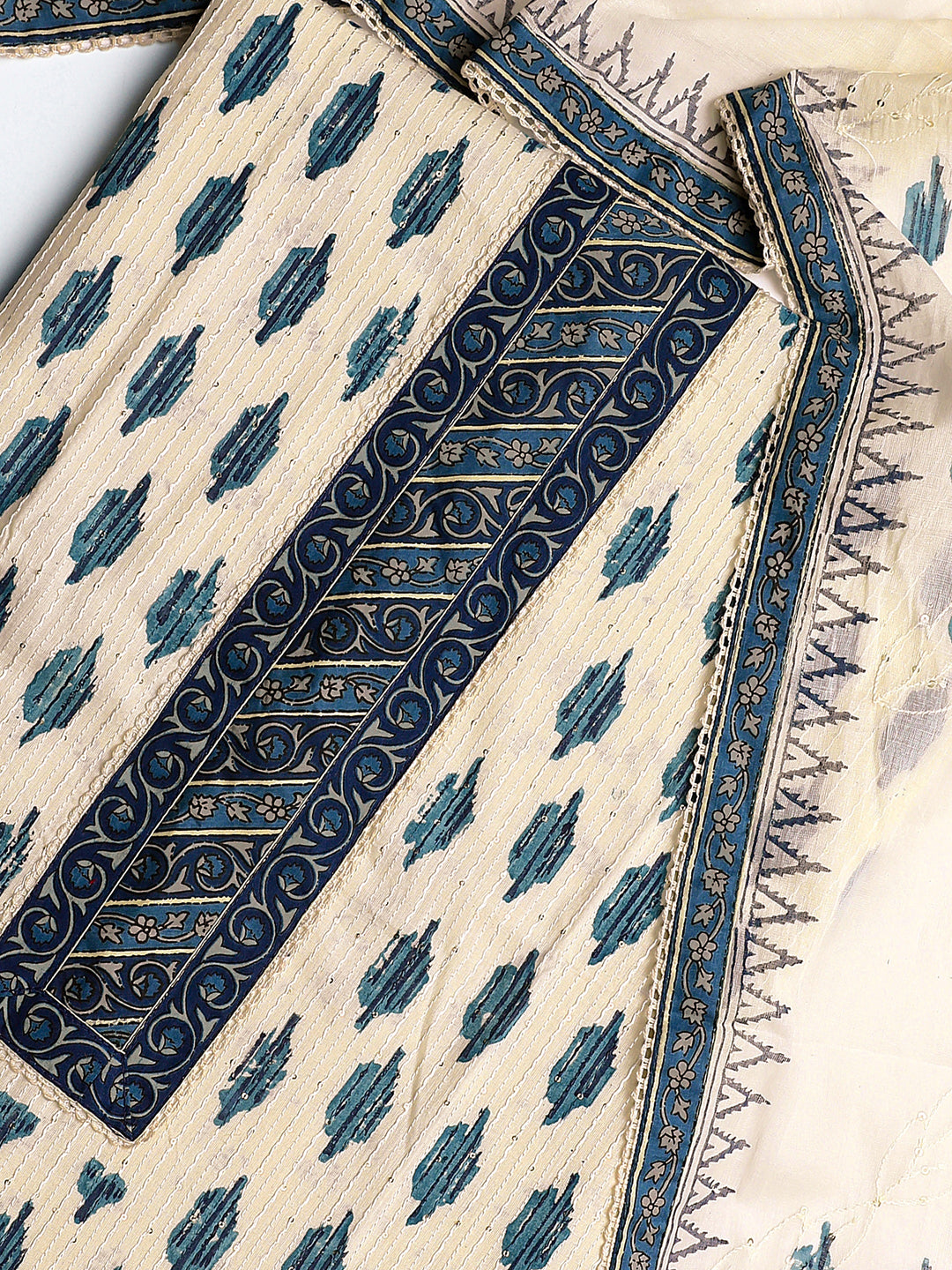 Off White Ethnic Motif Printed Cotton Dress Material With Dupatta