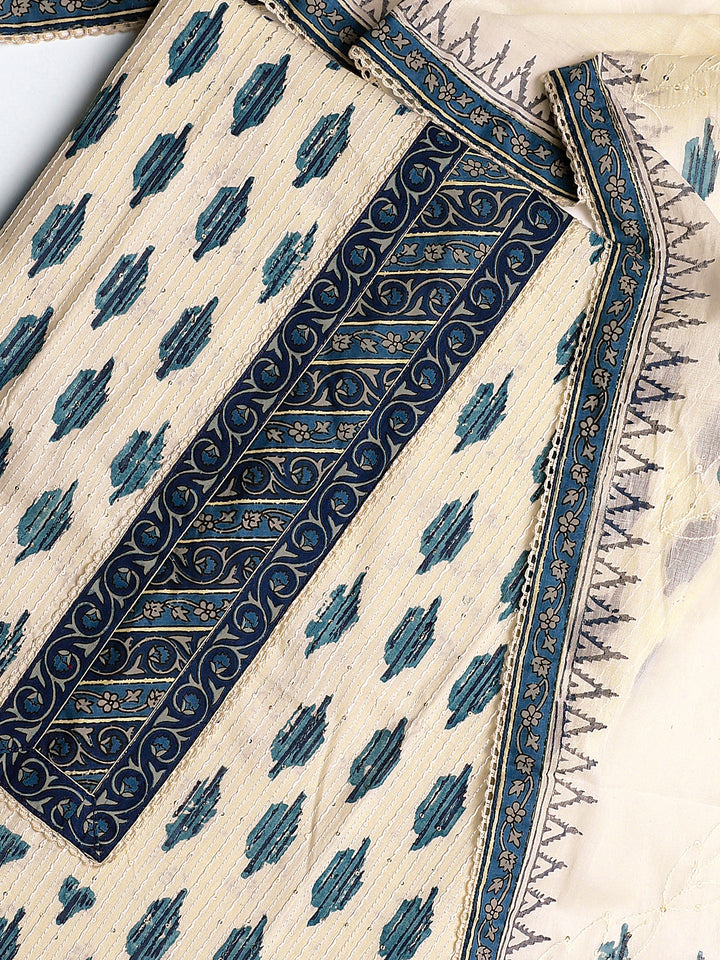 Off White Ethnic Motif Printed Cotton Dress Material With Dupatta