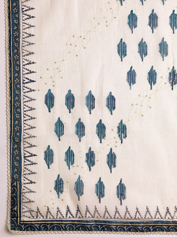 Off White Ethnic Motif Printed Cotton Dress Material With Dupatta