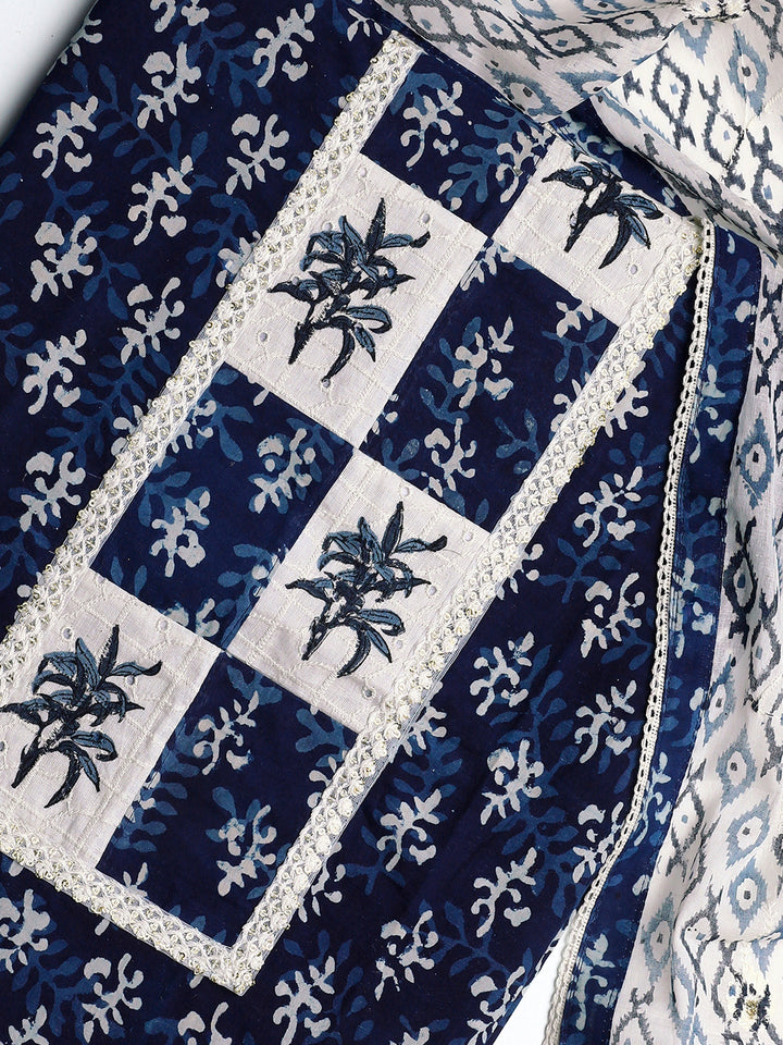 Navy Blue Ethnic Motif Printed Cotton Dress Material With Dupatta