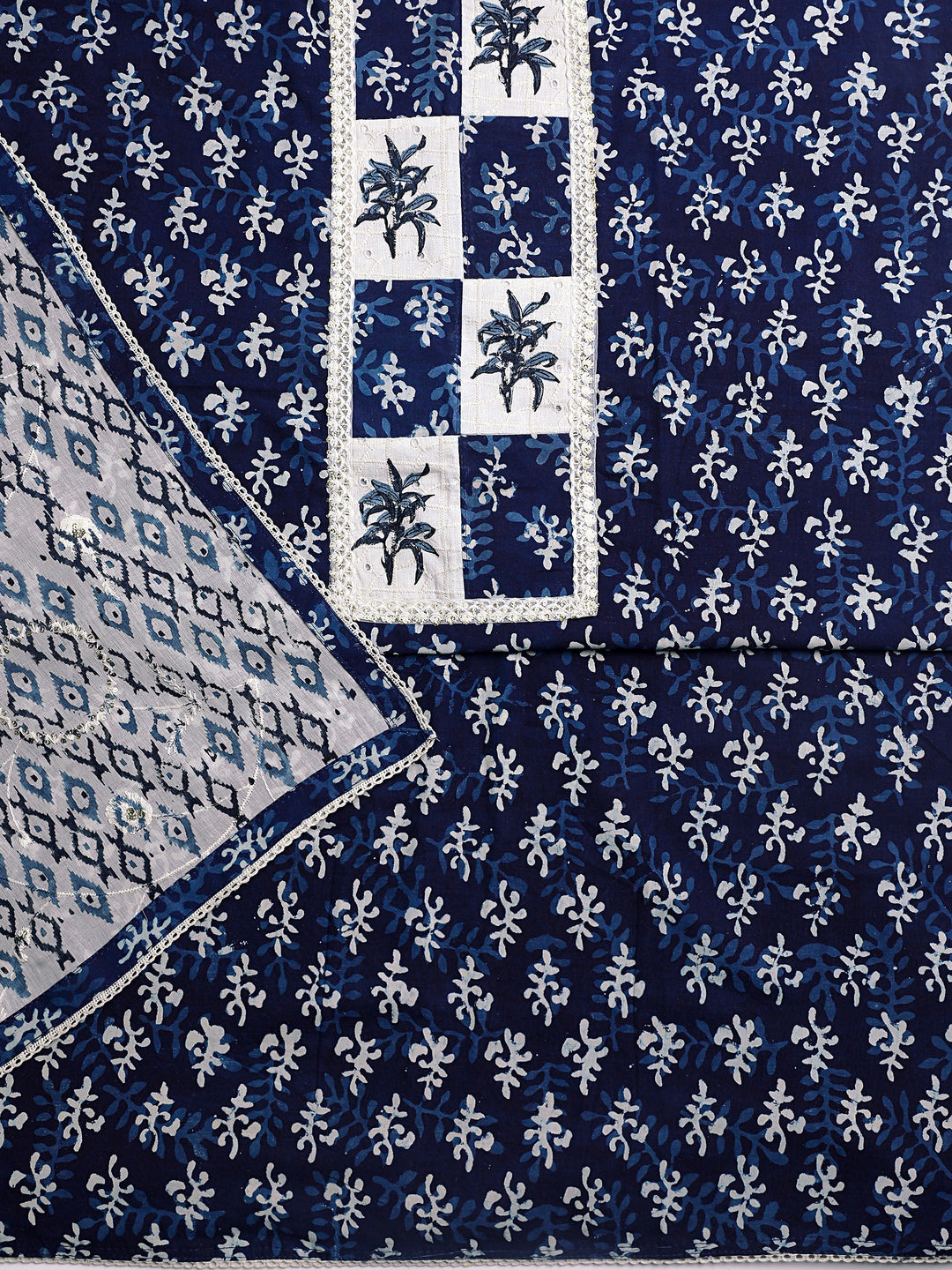 Navy Blue Ethnic Motif Printed Cotton Dress Material With Dupatta