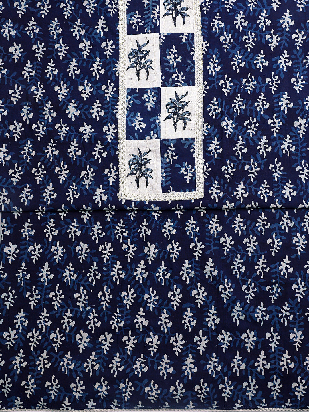 Navy Blue Ethnic Motif Printed Cotton Dress Material With Dupatta