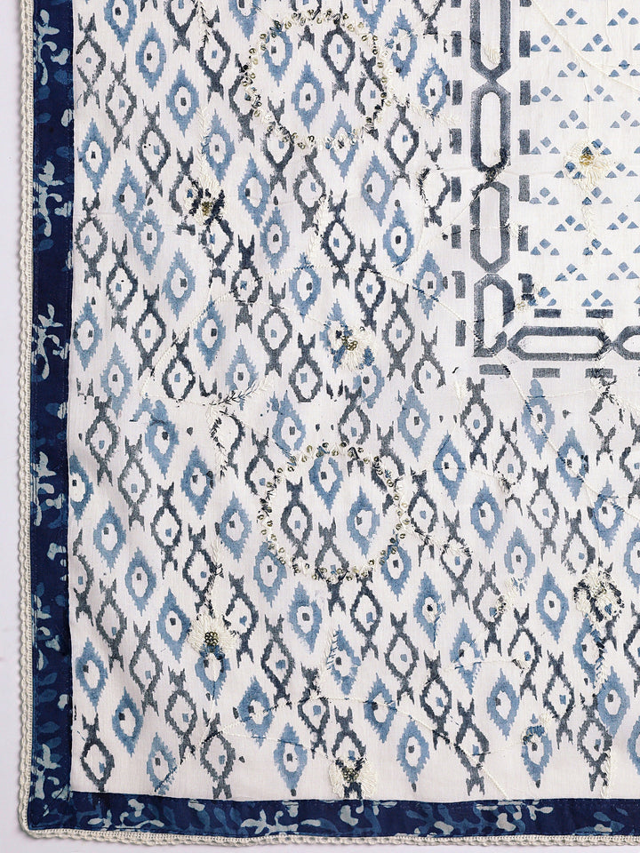 Navy Blue Ethnic Motif Printed Cotton Dress Material With Dupatta