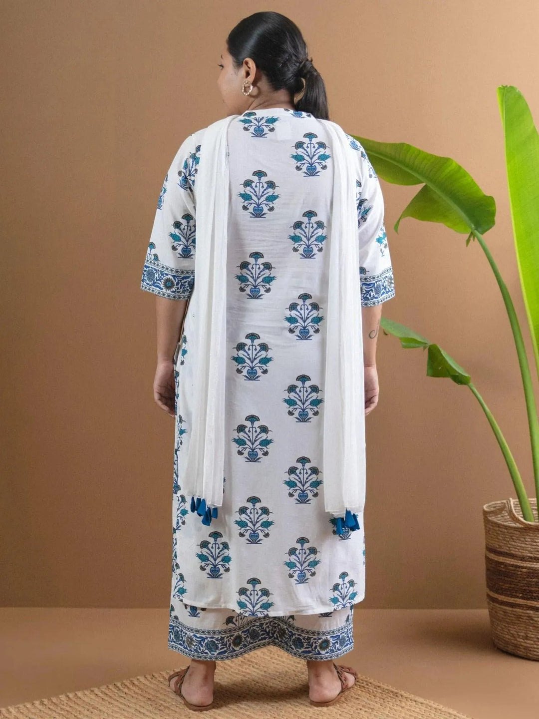 Plus Size White Printed Cotton Straight Kurta With Palazzos & Dupatta
