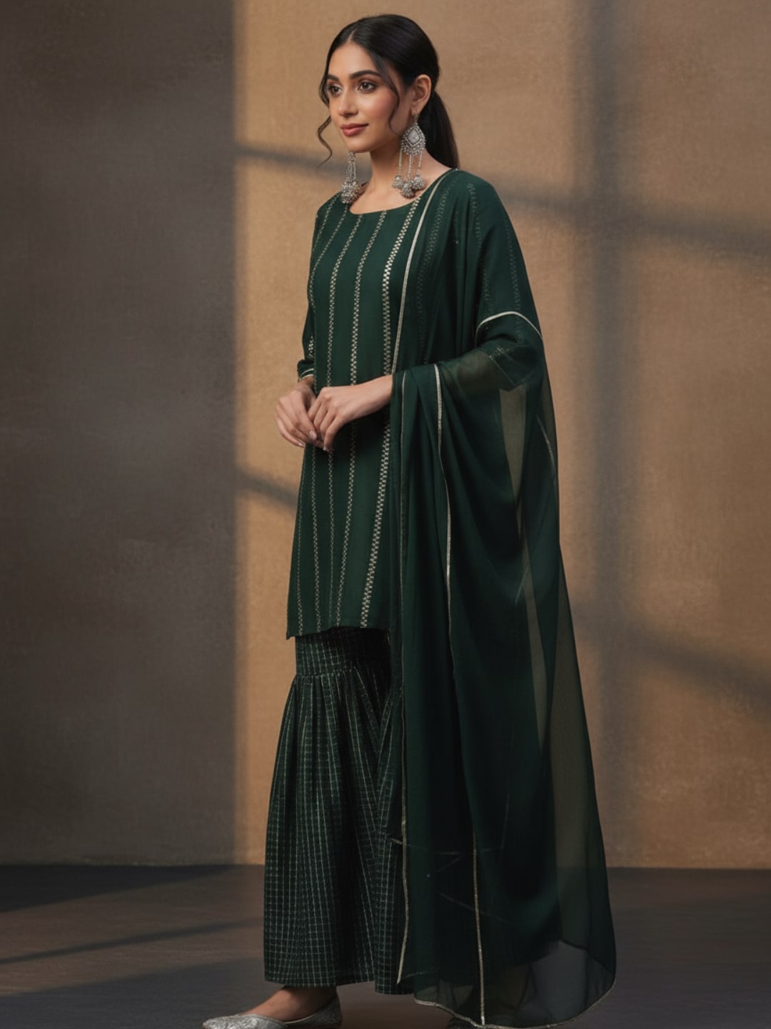 Green Striped Polyester Suit Set