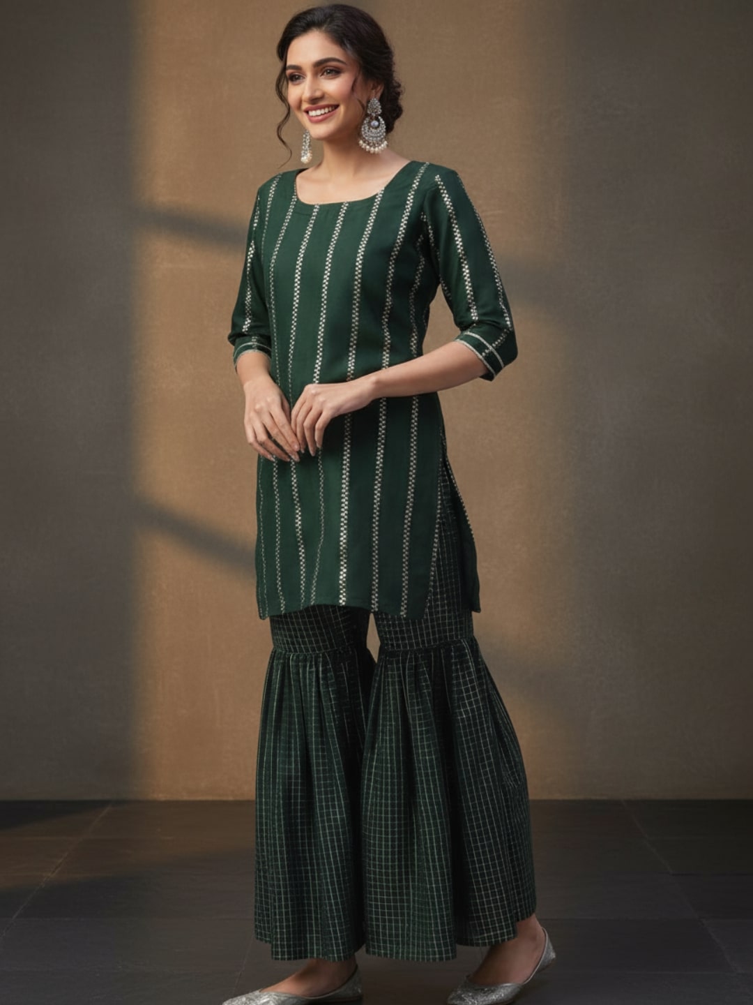 Green Striped Polyester Suit Set