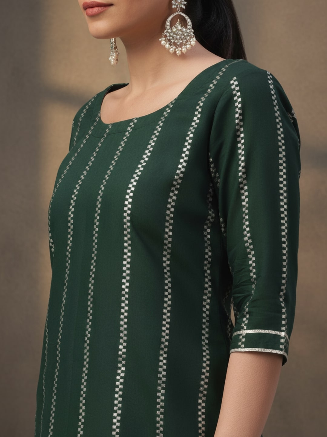 Green Striped Polyester Suit Set