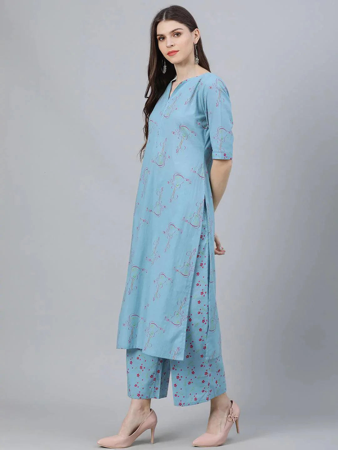Blue Printed Cotton Suit Set - ShopLibas 