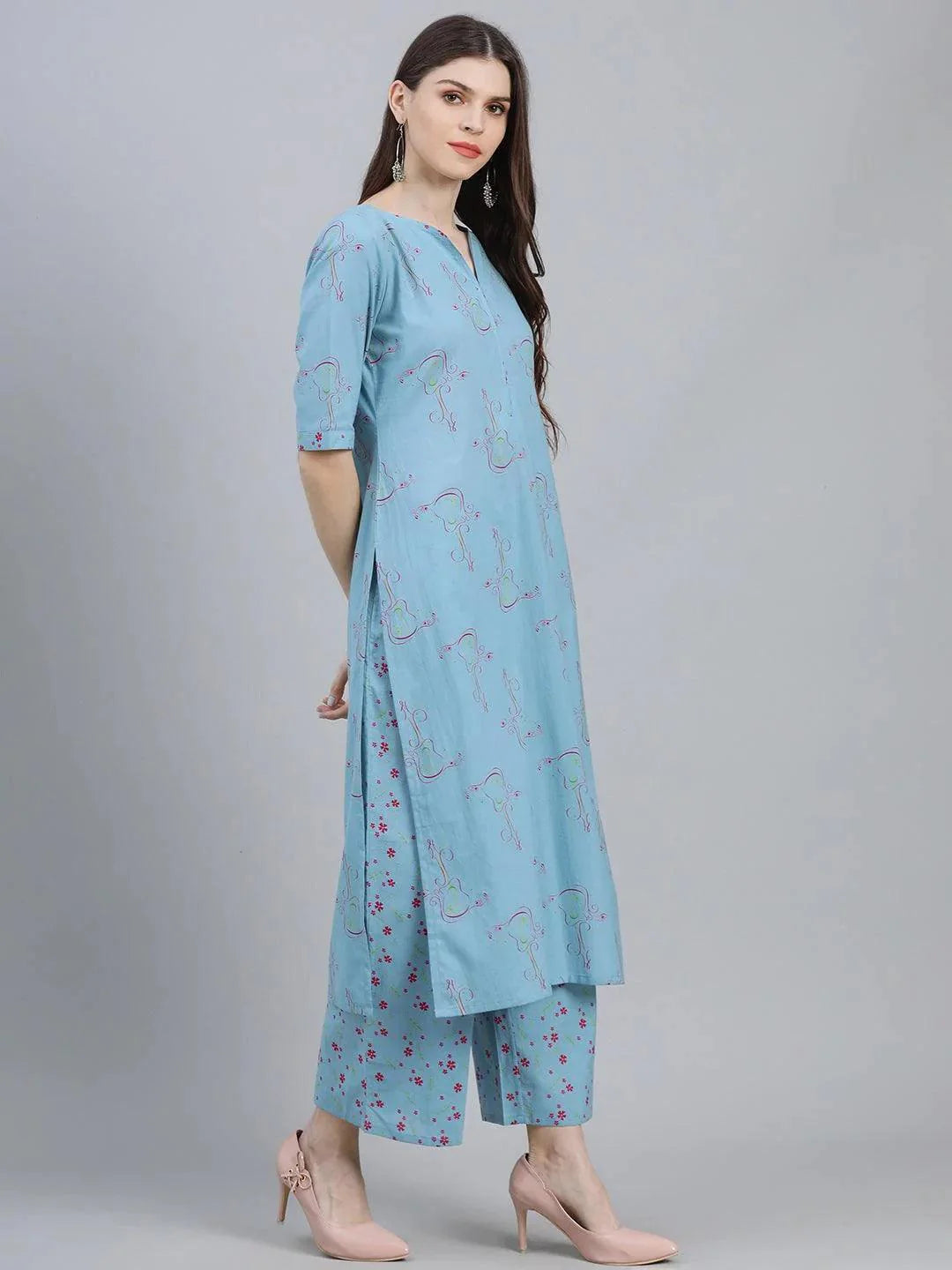 Blue Printed Cotton Suit Set - ShopLibas 