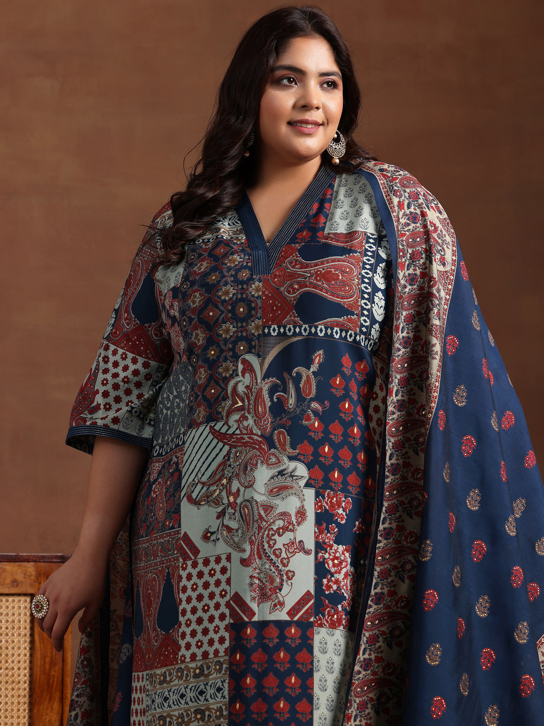 Plus Size Blue Printed Silk Blend Straight Suit With Dupatta
