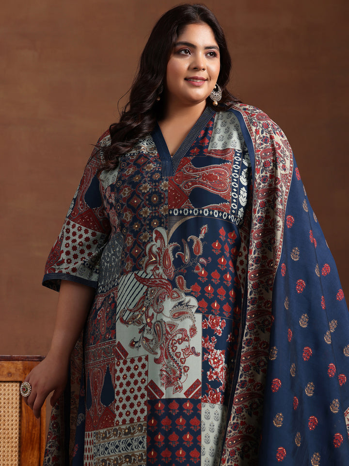 Plus Size Blue Printed Silk Blend Straight Suit With Dupatta