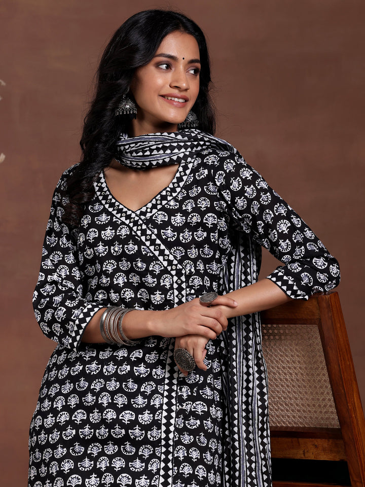 Black Printed Cotton Straight Suit With Dupatta