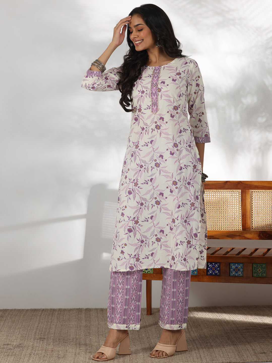 Off White Printed Cotton Straight Suit With Dupatta