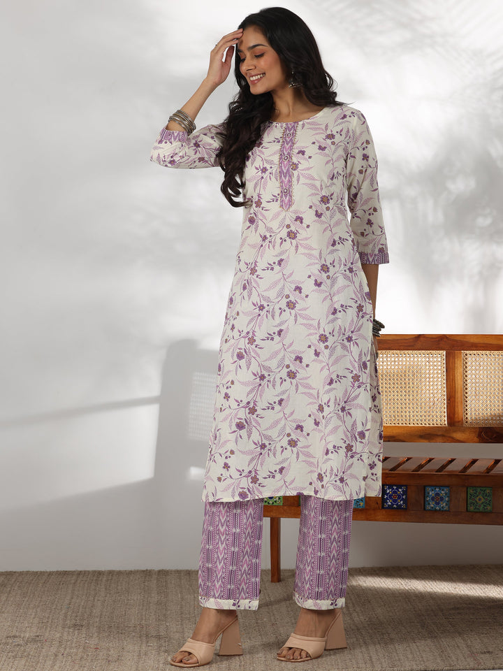 Off White Printed Cotton Straight Suit With Dupatta