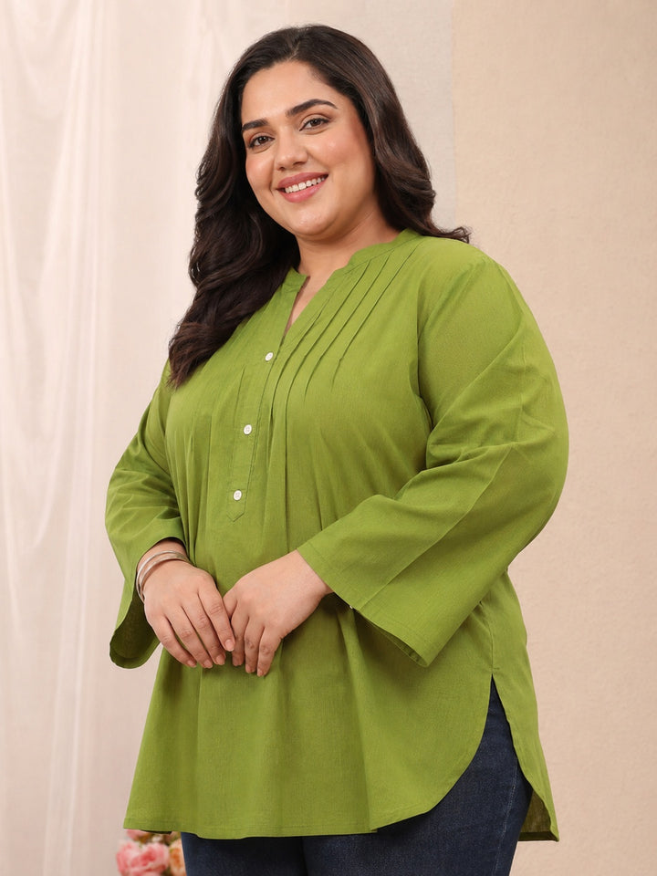 Plus Size Green Solid Cotton Blend Straight Short Kurti