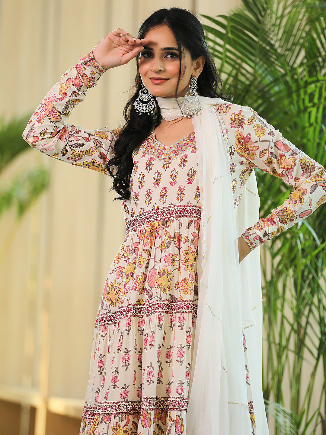 Off white Printed Cotton A-Line Kurta With Palazzos & Dupatta