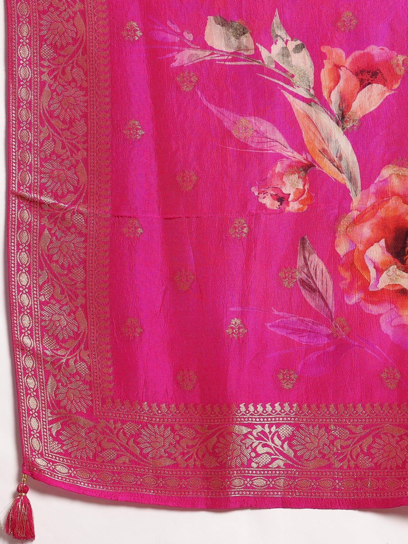 Pink Woven Design Silk Blend Straight Kurta With Trousers & Dupatta - ShopLibas