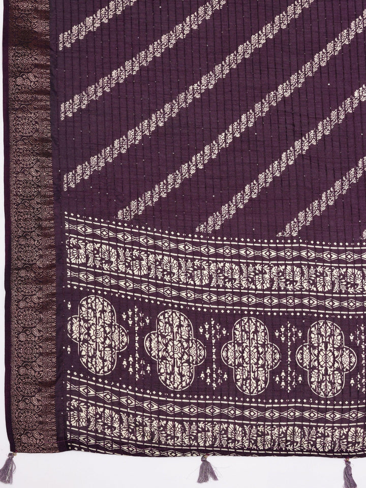 Purple Printed Silk Blend Saree With Unstitched Blouse Piece - Libas