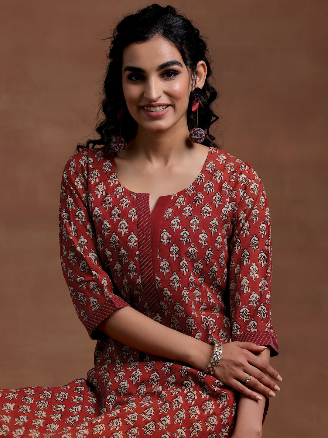 Maroon Printed Cotton Straight Kurta