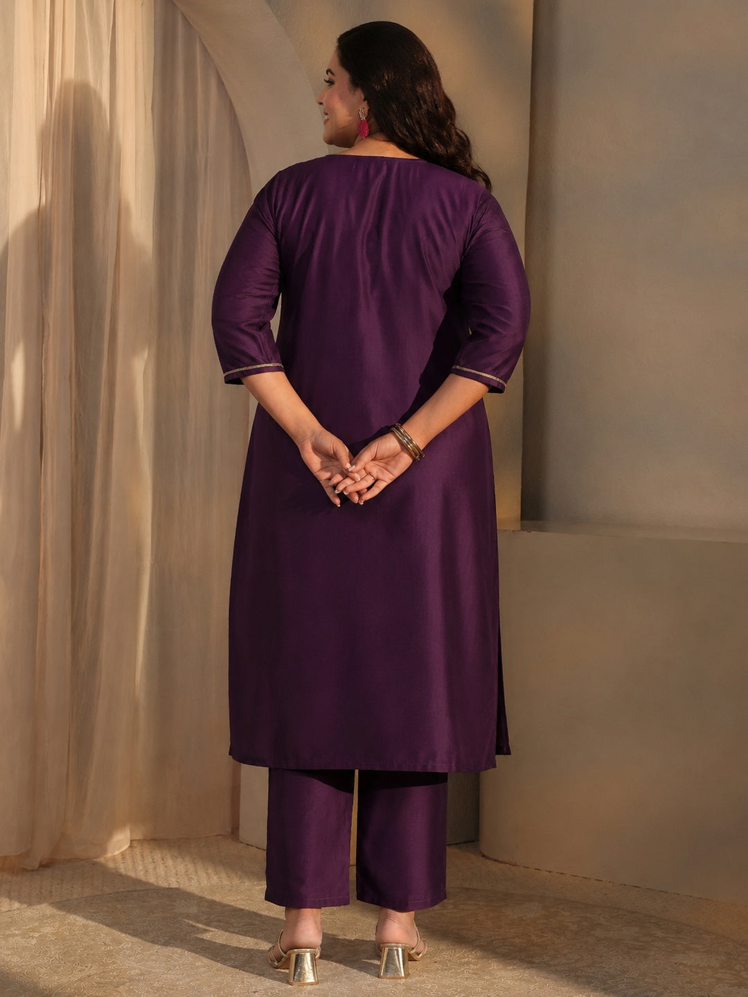 Plus Size Burgundy Yoke Design Silk Blend Straight Suit Set
