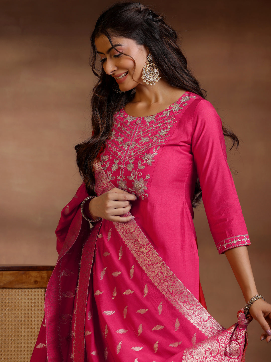 Pink Yoke Design Silk Blend Straight Suit Set With Dupatta