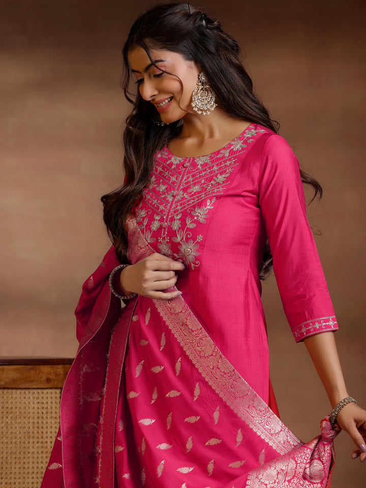 Pink Yoke Design Silk Blend Straight Suit Set With Dupatta