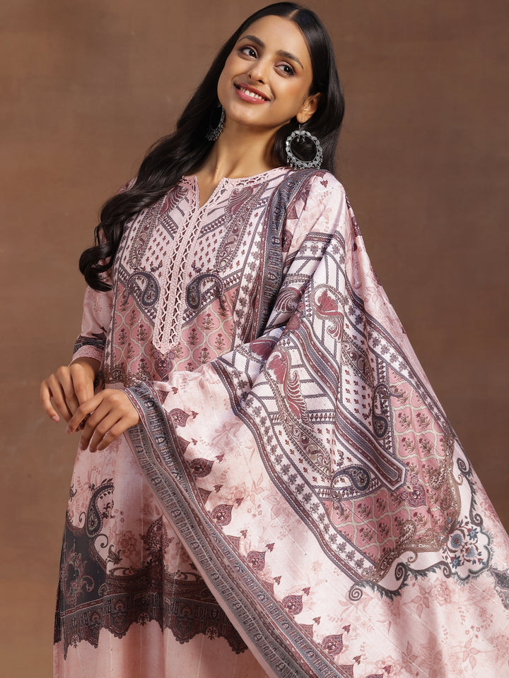 Pink Printed Silk Blend Straight Suit With Dupatta