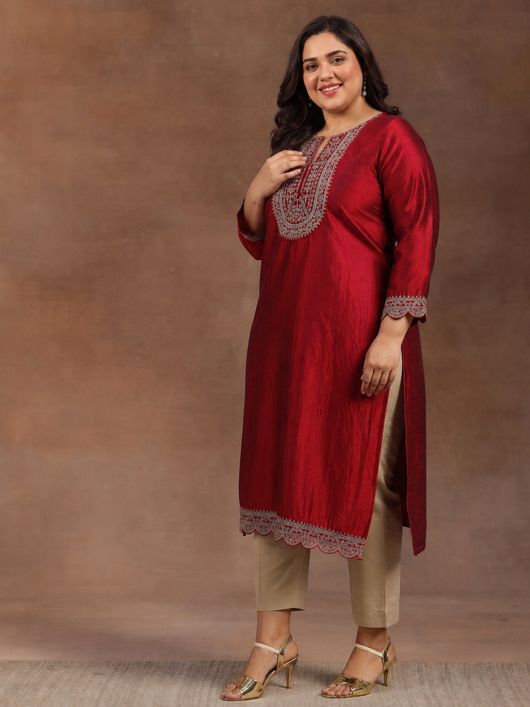 Plus Size Maroon Embroidered Silk Straight Kurta
