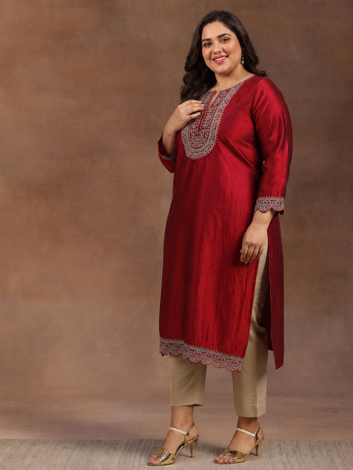 Plus Size Maroon Embroidered Silk Straight Kurta