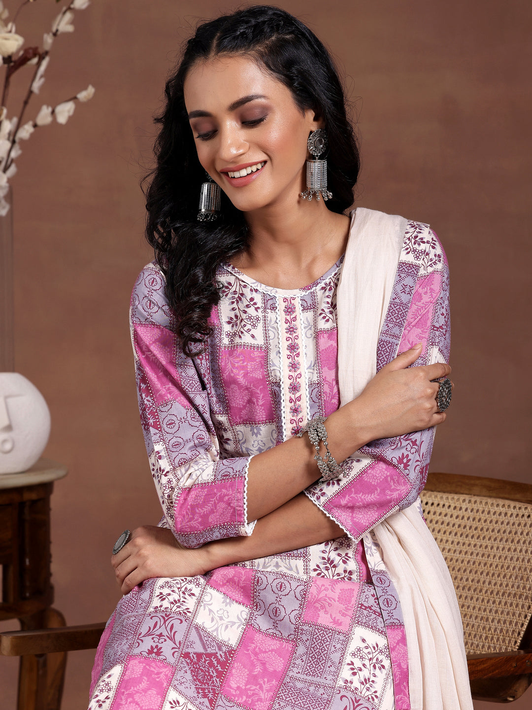 Off White Printed Cotton Straight Suit With Dupatta