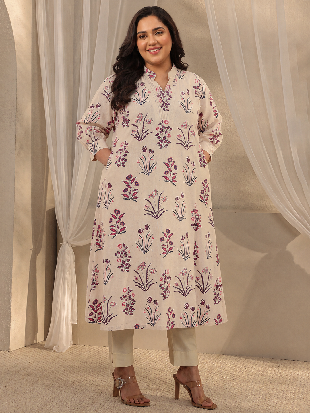 Plus Size Off White Floral Printed Cotton A-Line Kurta