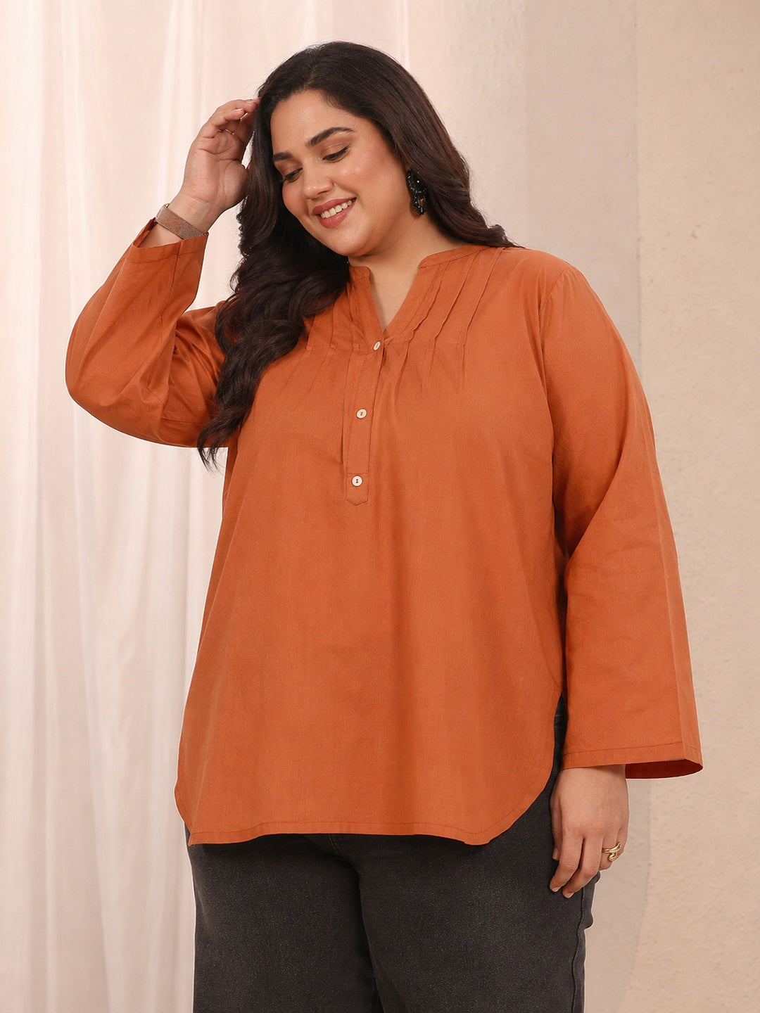 Plus Size Orange Solid Cotton Blend Straight Short Kurti