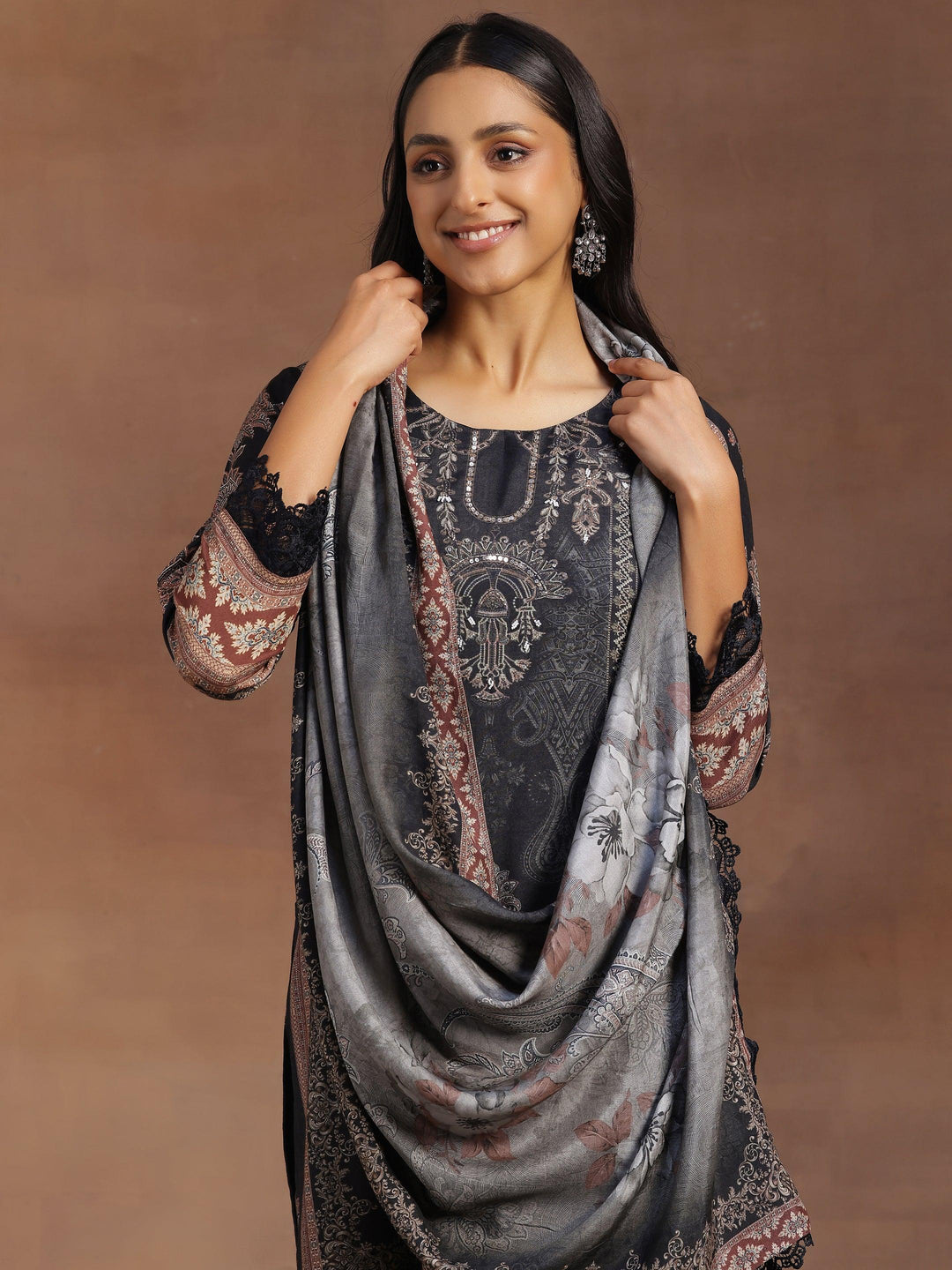 Grey Printed Silk Blend Straight Suit With Dupatta