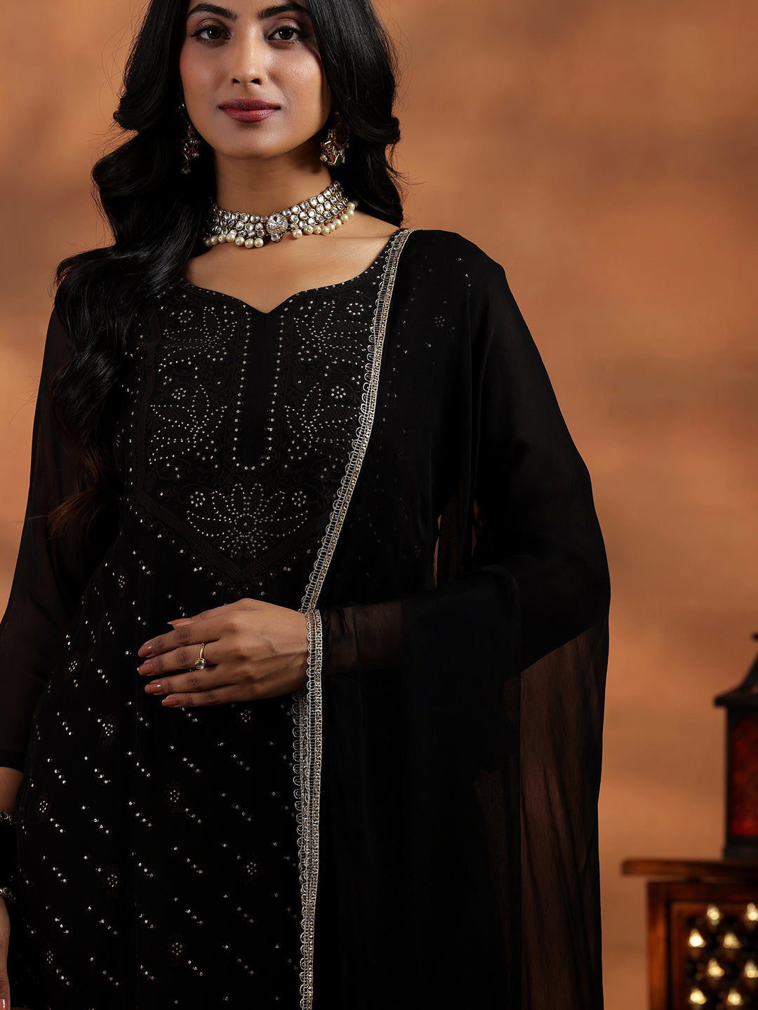 Black Embroidered Organza Straight Suit With Dupatta
